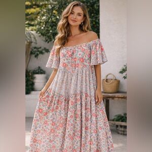 Anthropologie EASEL Floral Off Shoulder Dress S Cottagecore Boho Prairie Loose